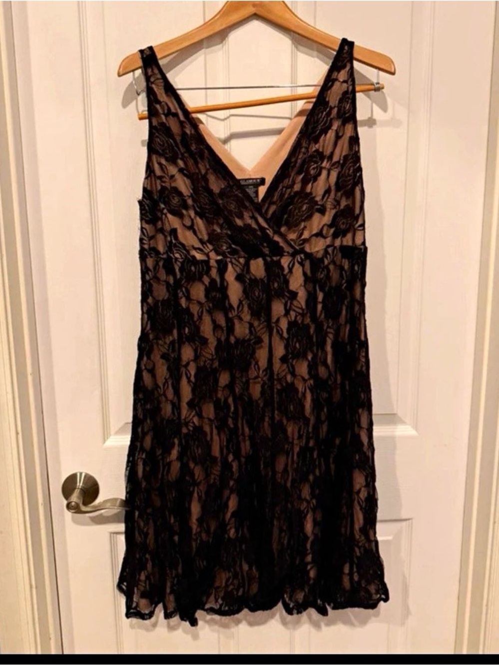 Glamour Black Lace over Nude A-Line Prom Dress